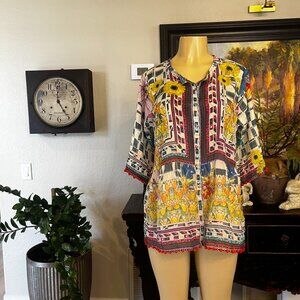 Johnny Was multi colored spring time design 3/4 sleeved button front Silk Blouse